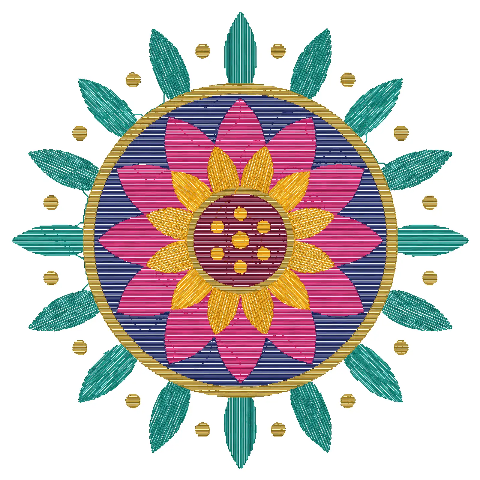 Ankit output: the lotus motif as a machine stitch preview, with visible fill stitches