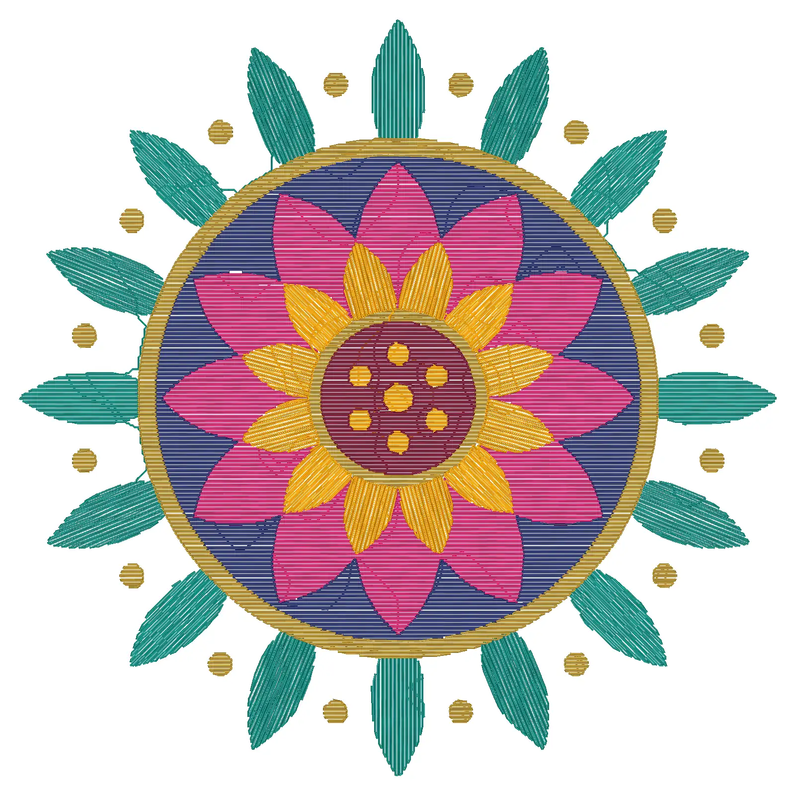 Ankit output: the lotus motif as a machine stitch preview, with visible fill stitches