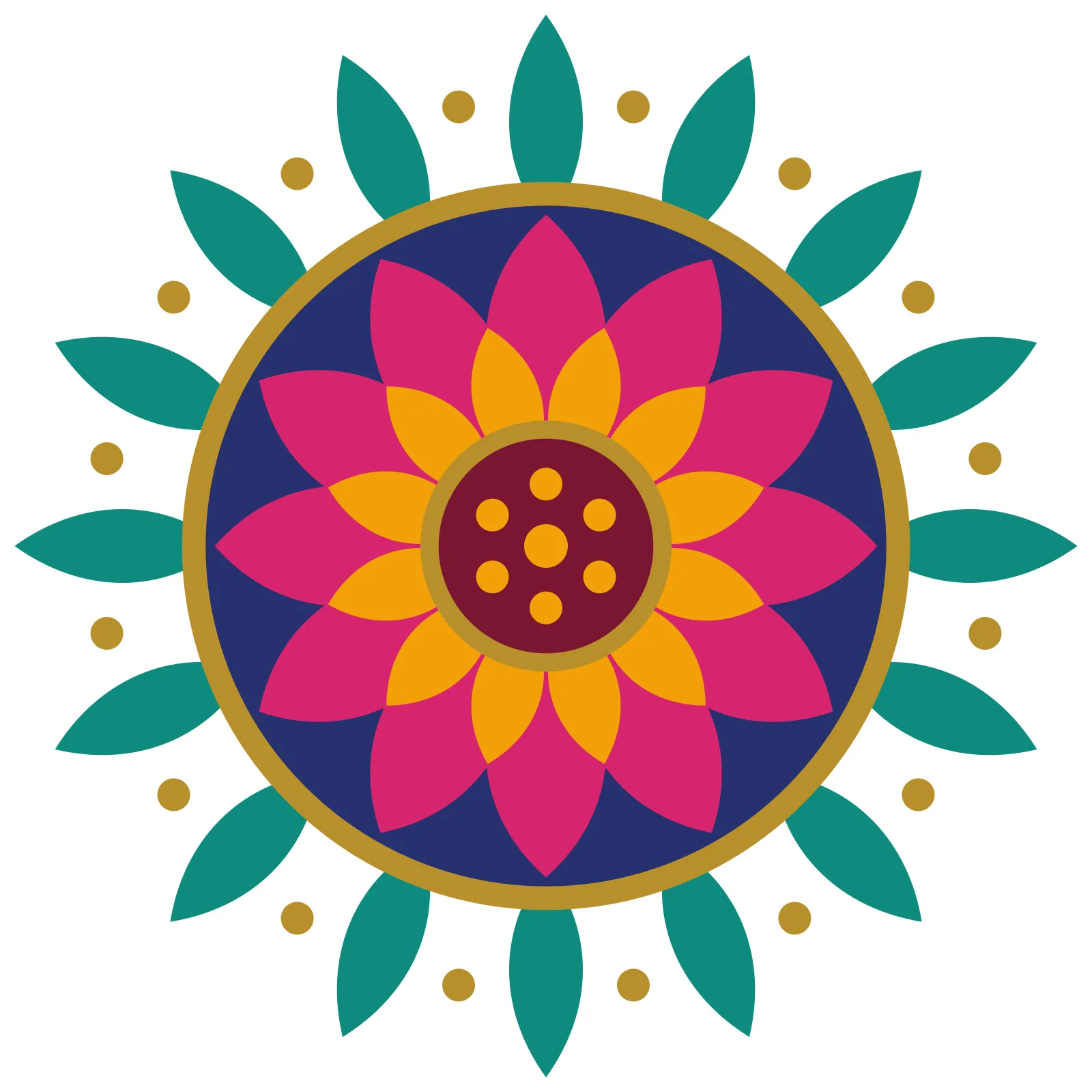 Source artwork: our lotus motif, a pink and orange lotus in an indigo disc with a gold ring, teal leaves and gold dots