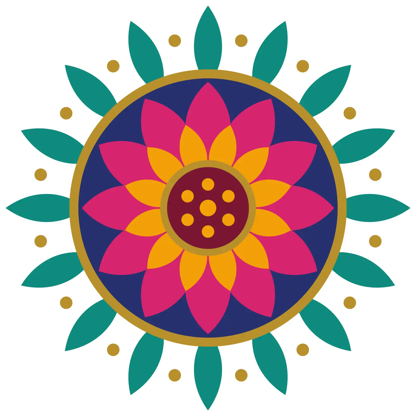 Source artwork: our lotus motif, a pink and orange lotus in an indigo disc with a gold ring, teal leaves and gold dots